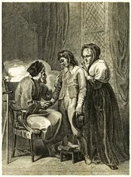 ?Robinson Crusoe? etukappaleen kuva, jossa Crusoe jättää isänsä ja äitinsä. "Robinson Crusoen elämä ja oudot yllättävät seikkailut tai York, Mariner?" Kirjailija: Daniel Defoe